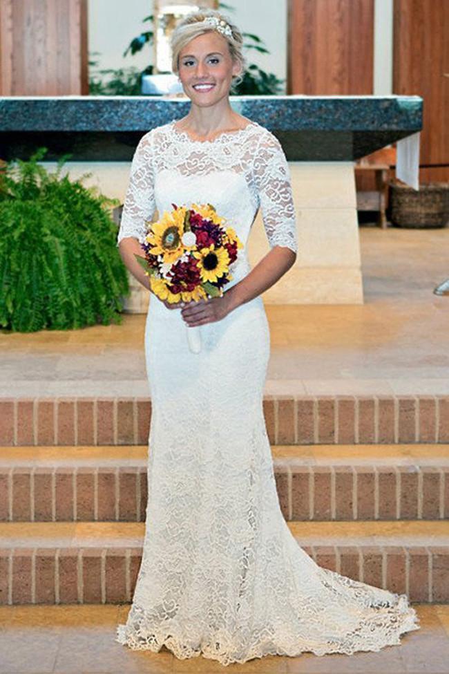 White Lace Open Back Long Sleeve Mermaid Long Wedding Dresses, MW187|musebridals.com