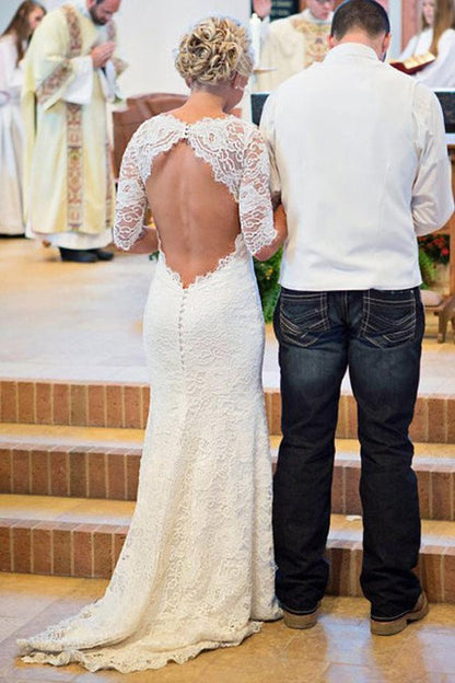 Roycebridal White Lace Open Back Long Sleeve Mermaid Long Wedding Dresses, MW187