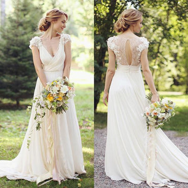 Sheer Back Deep V Neck Short Sleeve Wedding Dresses With Appliques, MW133 at musebridals.com