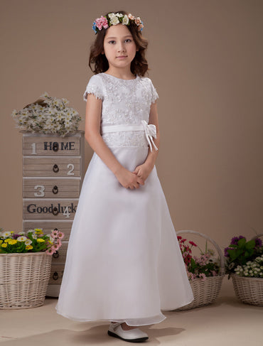 Sweet A-Line White Satin Ankle-Length First Communion Dress-showprettydress