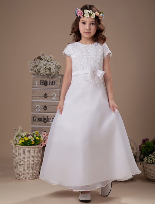 Sweet A-Line White Satin Ankle-Length First Communion Dress-showprettydress