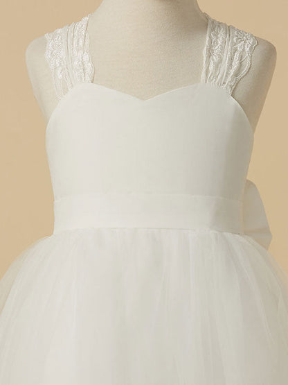 Sweetheart Neck Tulle Sleeveless Floor Length A-line Applique Kids Party Dresses-showprettydress