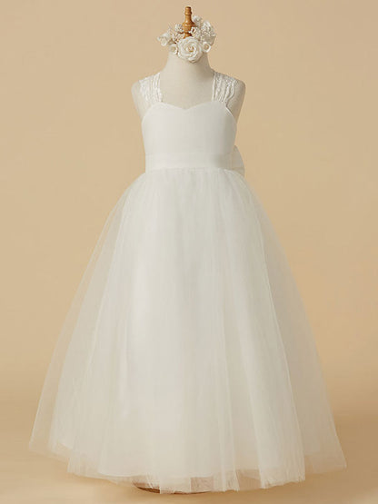 Sweetheart Neck Tulle Sleeveless Floor Length A-line Applique Kids Party Dresses-showprettydress