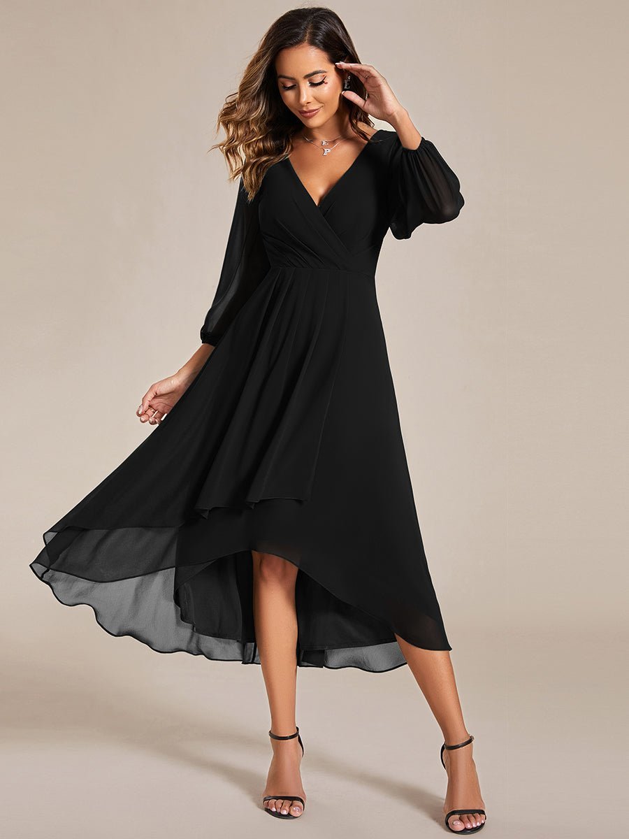 Tammy long sleeved midi high low chiffon dress - Bay Bridal and Ball Gowns