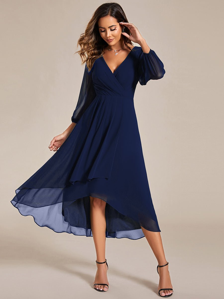 Tammy long sleeved midi high low chiffon dress - Bay Bridal and Ball Gowns