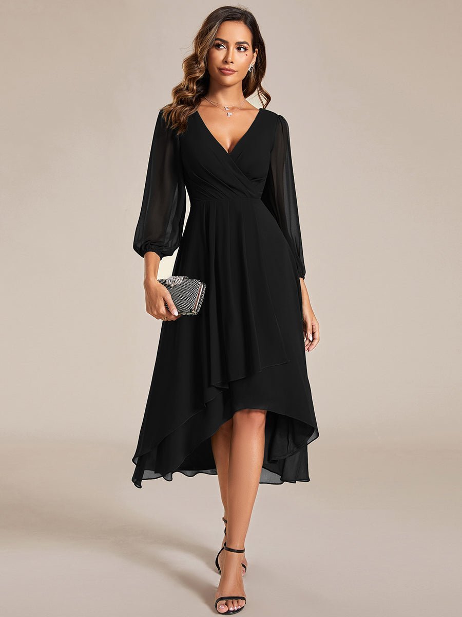 Tammy long sleeved midi high low chiffon dress - Bay Bridal and Ball Gowns