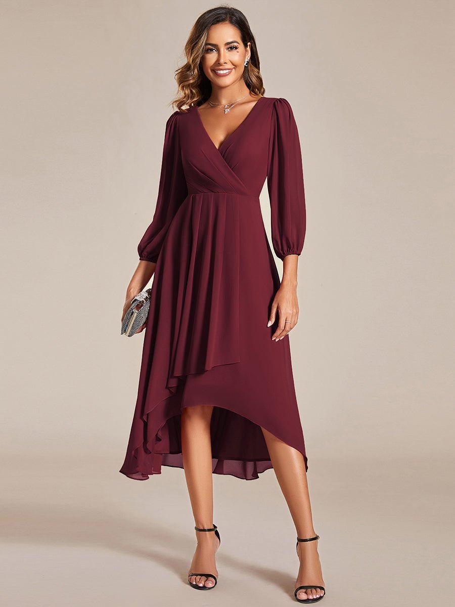 Tammy long sleeved midi high low chiffon dress - Bay Bridal and Ball Gowns