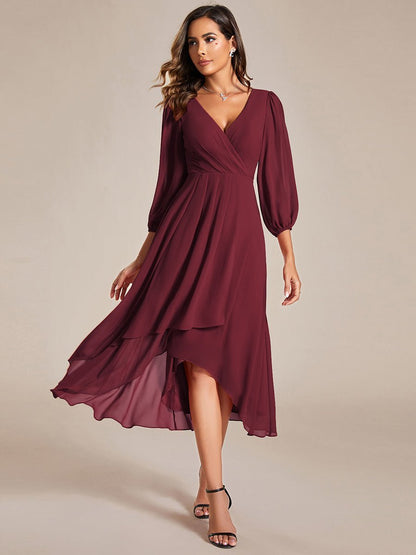 Tammy long sleeved midi high low chiffon dress - Bay Bridal and Ball Gowns