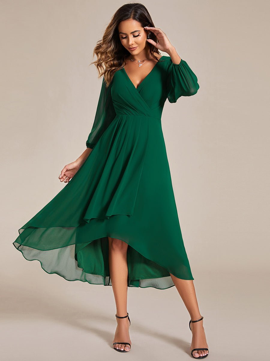 Tammy long sleeved midi high low chiffon dress - Bay Bridal and Ball Gowns