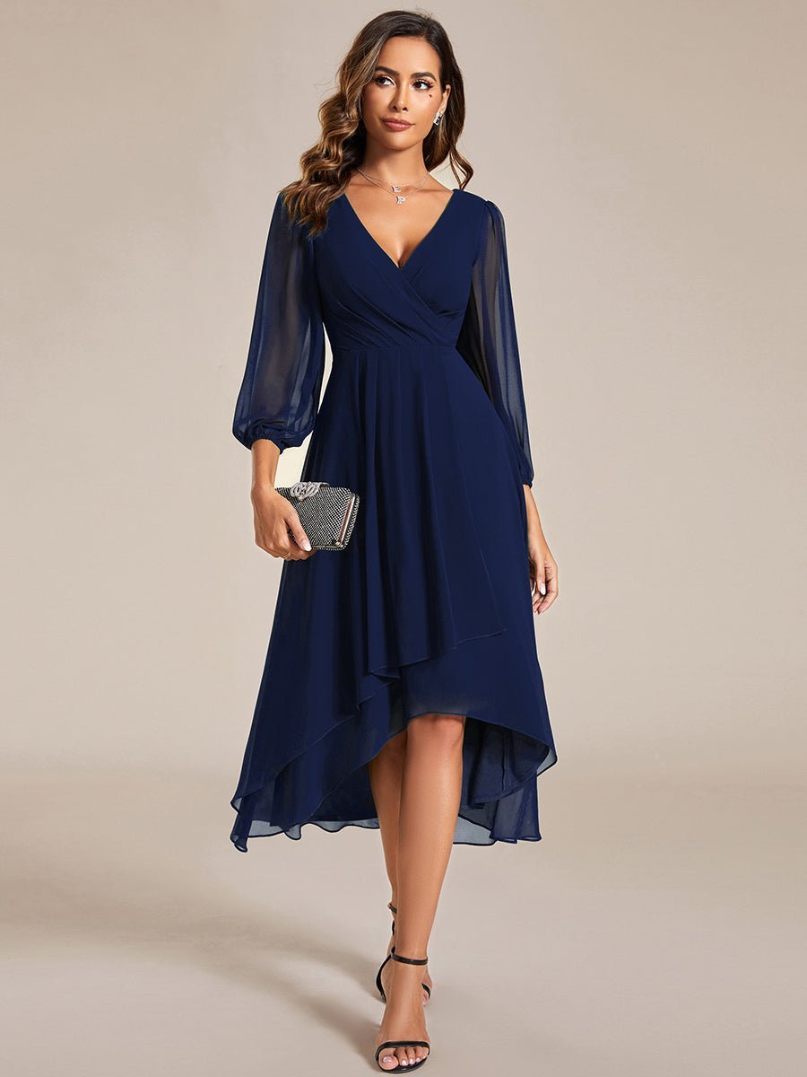 Tammy long sleeved midi high low chiffon dress - Bay Bridal and Ball Gowns