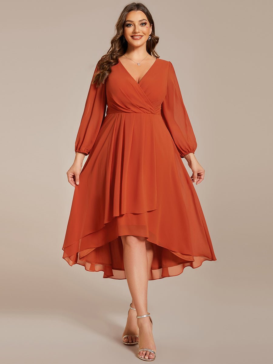 Tammy long sleeved midi high low chiffon dress - Bay Bridal and Ball Gowns