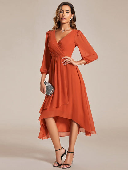 Tammy long sleeved midi high low chiffon dress - Bay Bridal and Ball Gowns