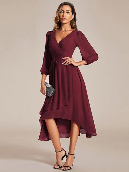 Tammy long sleeved midi high low chiffon dress - Bay Bridal and Ball Gowns