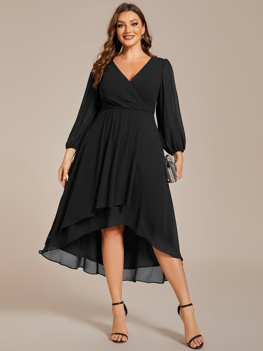 Tammy long sleeved midi high low chiffon dress - Bay Bridal and Ball Gowns