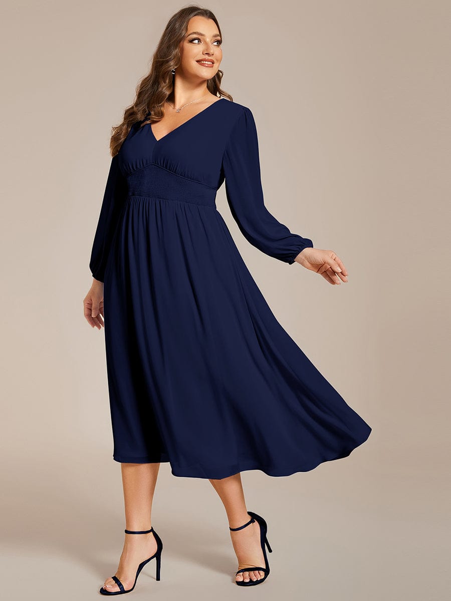 Tari knee length regular and plus size long sleeve chiffon dress - Bay Bridal and Ball Gowns