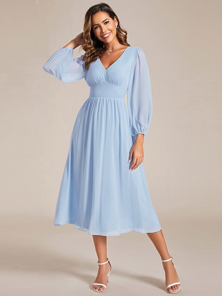 Tari knee length regular and plus size long sleeve chiffon dress - Bay Bridal and Ball Gowns