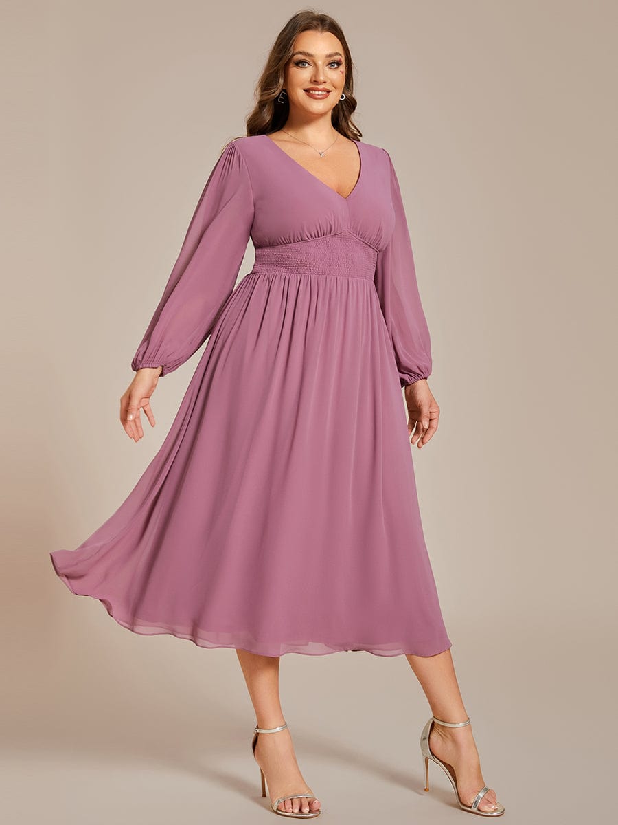 Tari knee length regular and plus size long sleeve chiffon dress - Bay Bridal and Ball Gowns