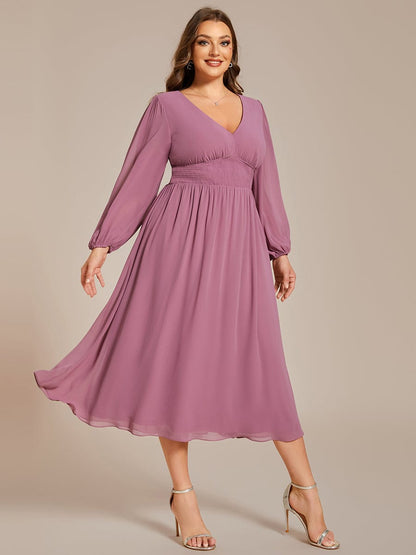 Tari knee length regular and plus size long sleeve chiffon dress - Bay Bridal and Ball Gowns