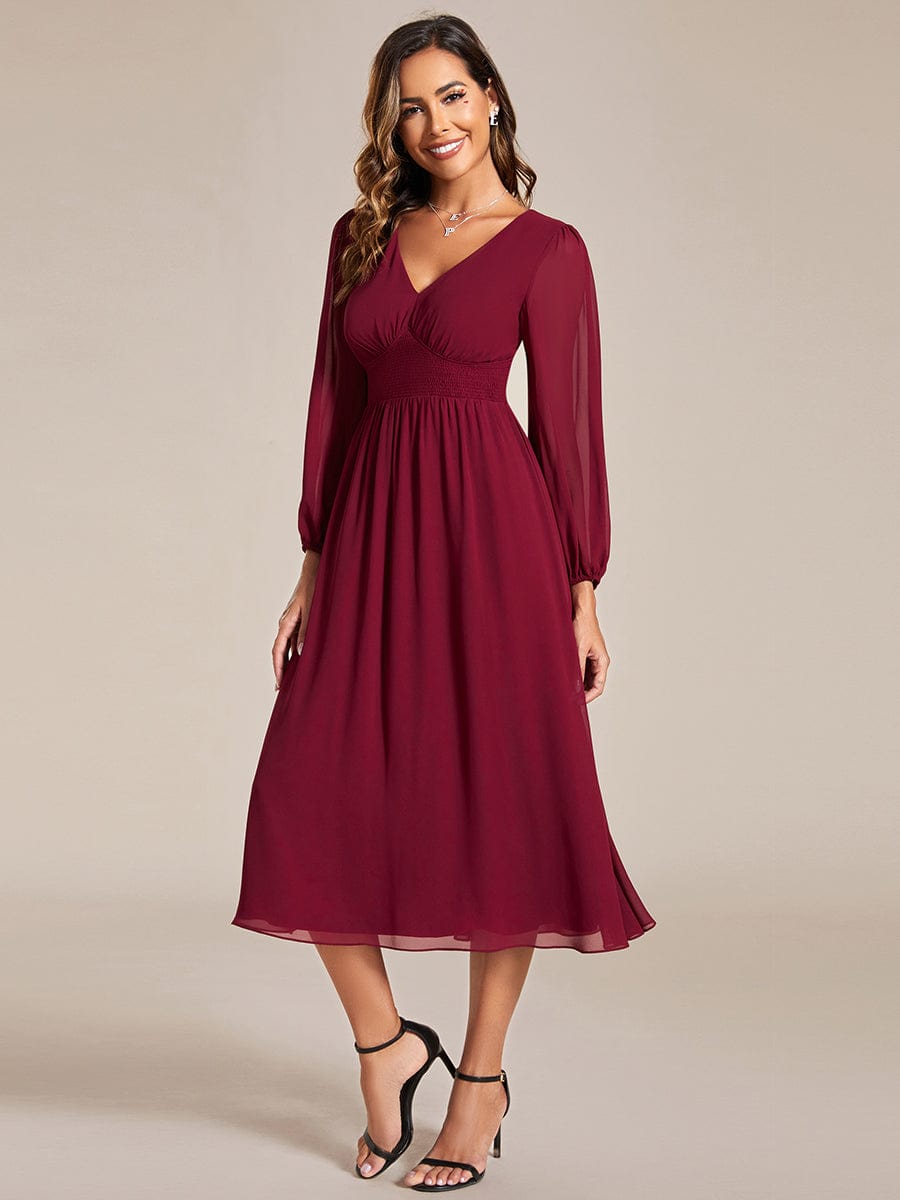 Tari knee length regular and plus size long sleeve chiffon dress - Bay Bridal and Ball Gowns