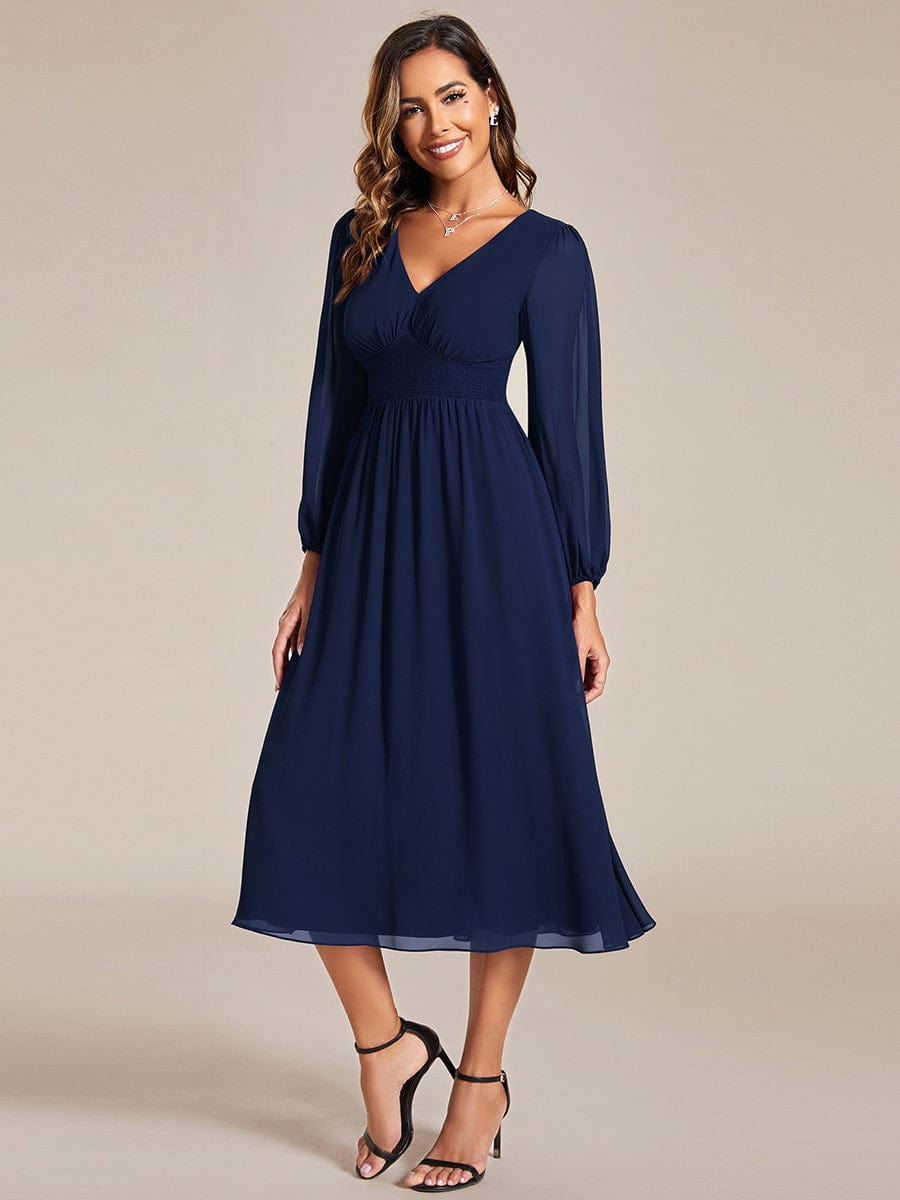 Tari knee length regular and plus size long sleeve chiffon dress - Bay Bridal and Ball Gowns