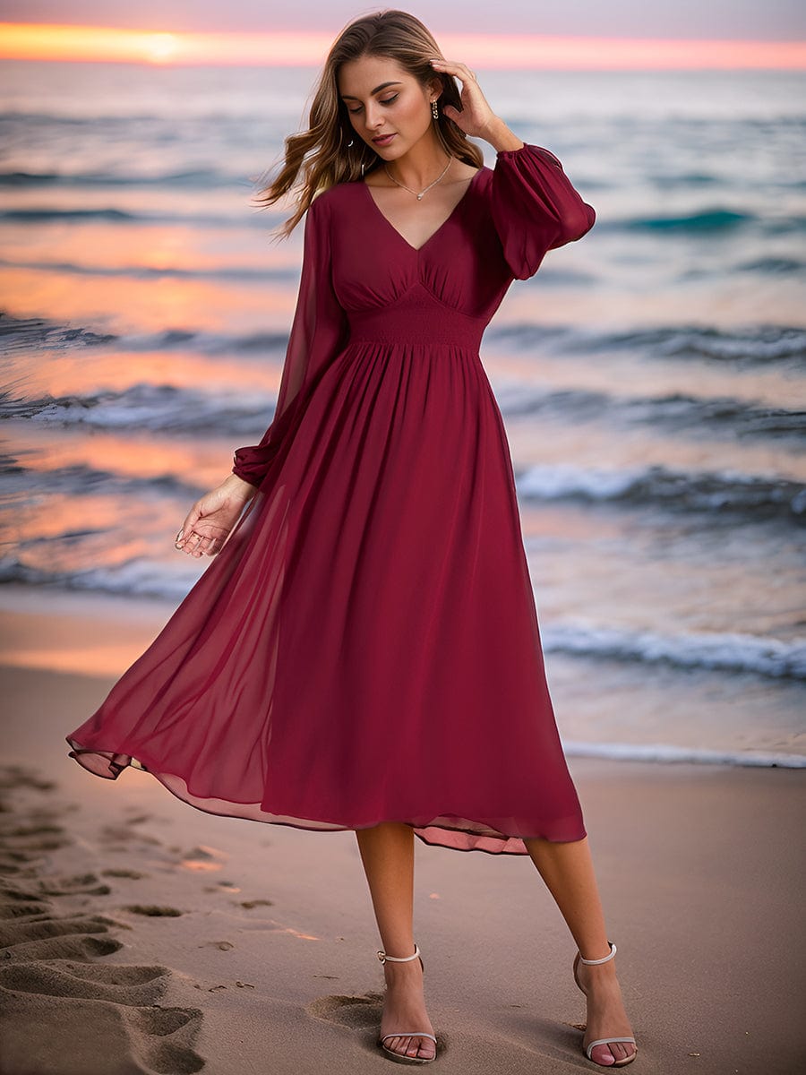 Tari knee length regular and plus size long sleeve chiffon dress - Bay Bridal and Ball Gowns