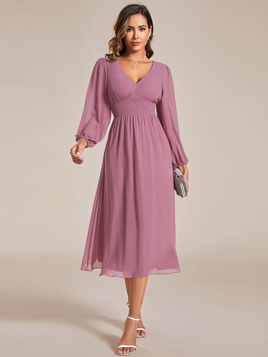 Tari knee length regular and plus size long sleeve chiffon dress - Bay Bridal and Ball Gowns