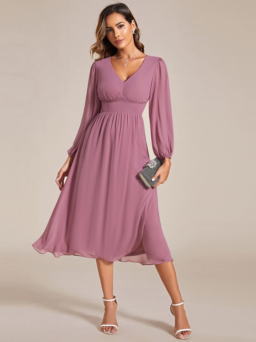 Tari knee length regular and plus size long sleeve chiffon dress - Bay Bridal and Ball Gowns