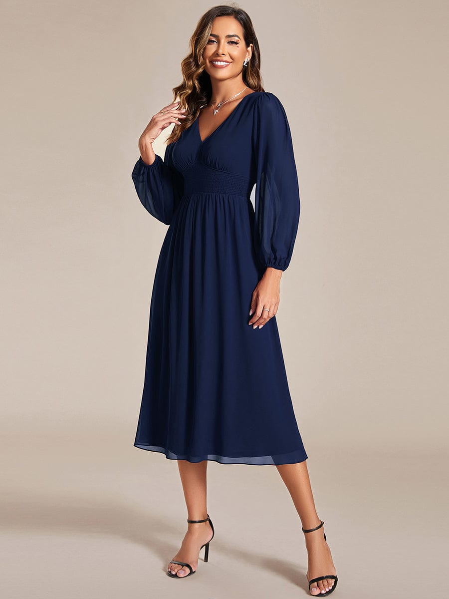 Tari knee length regular and plus size long sleeve chiffon dress - Bay Bridal and Ball Gowns