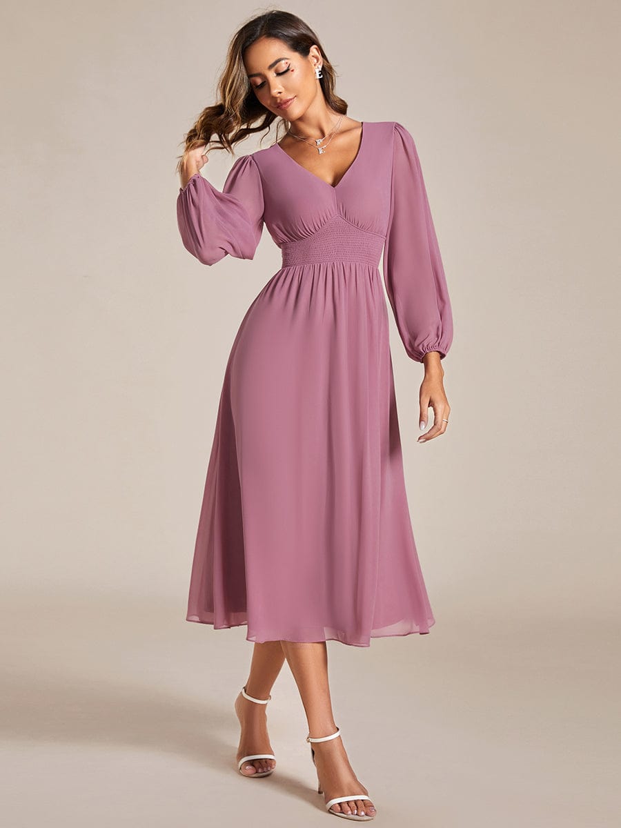 Tari knee length regular and plus size long sleeve chiffon dress - Bay Bridal and Ball Gowns