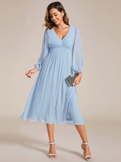 Tari knee length regular and plus size long sleeve chiffon dress - Bay Bridal and Ball Gowns