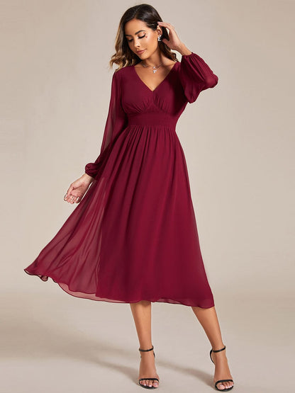 Tari knee length regular and plus size long sleeve chiffon dress - Bay Bridal and Ball Gowns