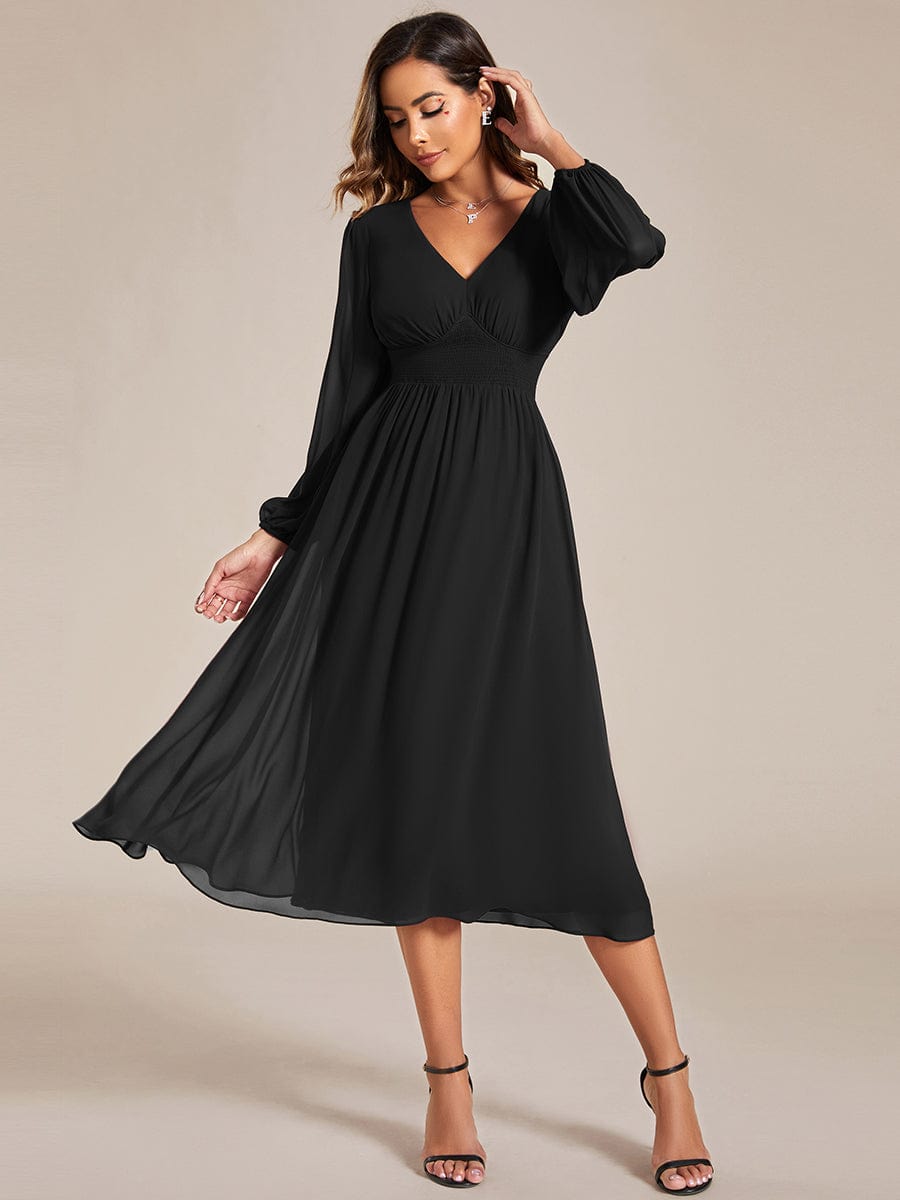 Tari knee length regular and plus size long sleeve chiffon dress - Bay Bridal and Ball Gowns