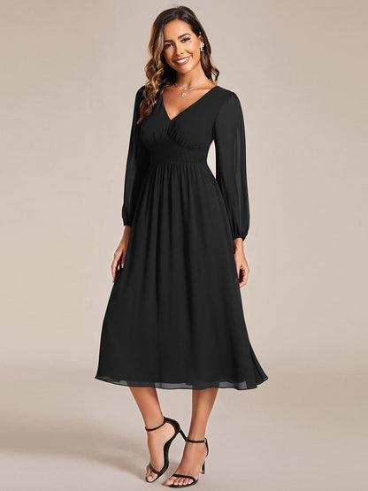 Tari knee length regular and plus size long sleeve chiffon dress - Bay Bridal and Ball Gowns