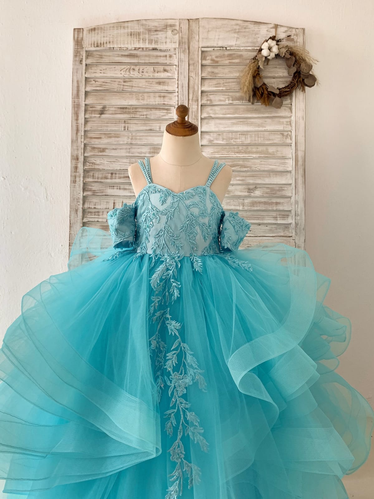 Blue Lace Tulle Off Shoulder Beaded Straps Wedding Flower 