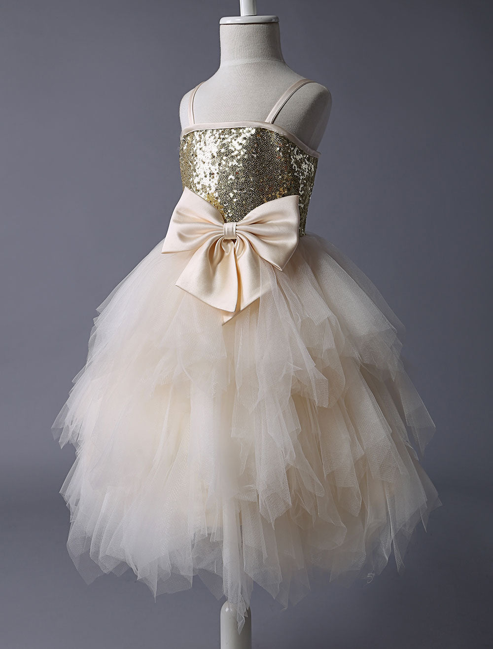 Thin Straps Gold Sequin Champagne Tulle Ruffle flower girl dress-showprettydress