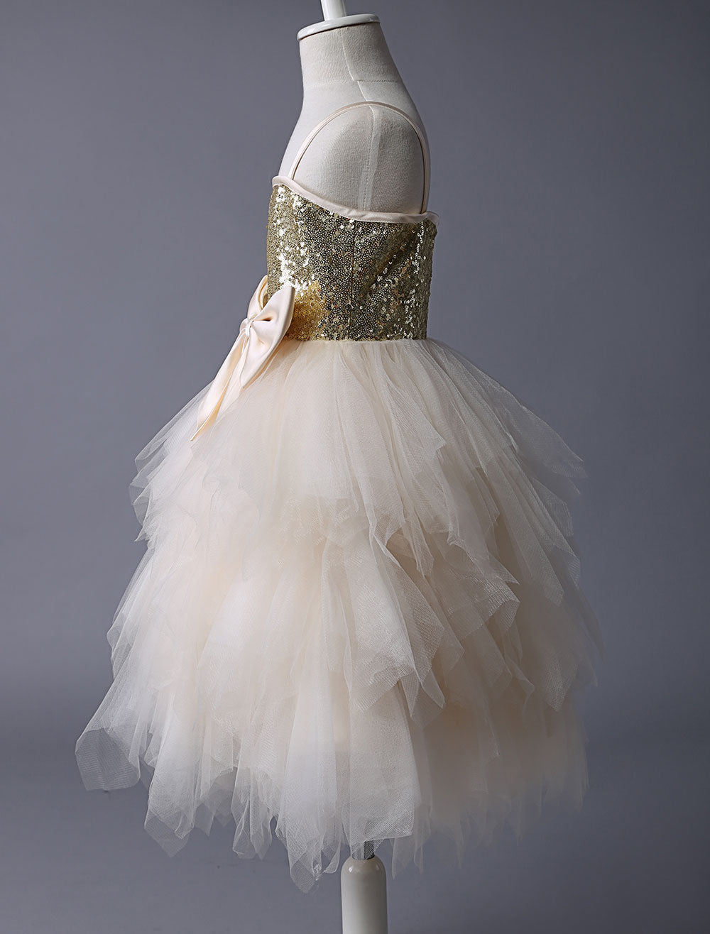 Thin Straps Gold Sequin Champagne Tulle Ruffle flower girl dress-showprettydress