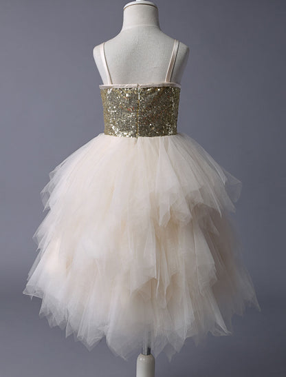 Thin Straps Gold Sequin Champagne Tulle Ruffle flower girl dress-showprettydress