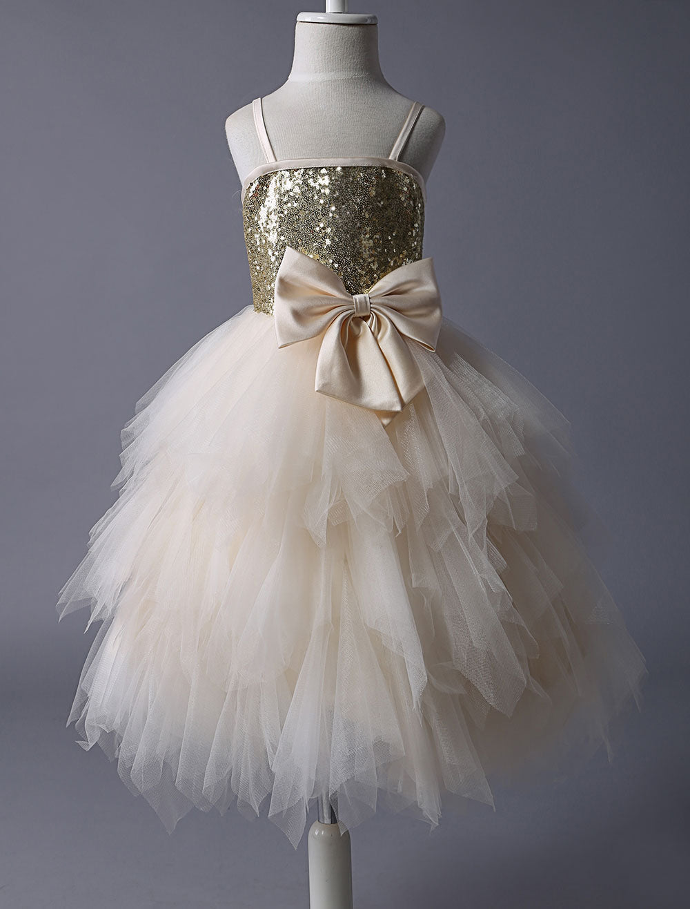 Thin Straps Gold Sequin Champagne Tulle Ruffle flower girl dress-showprettydress