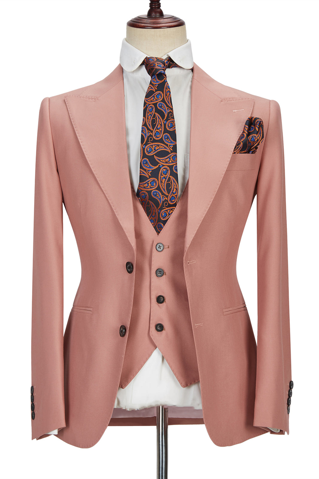 Three-piece Coral Pink Two Buttons Peak Lapel Custom design Men Suit-showprettydress