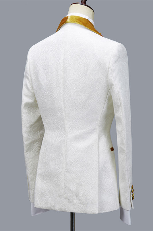 Three Pieces Jacquard White Wedding Men Suit with Velvet Lapel-showprettydress