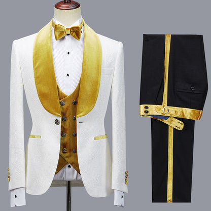 Three Pieces Jacquard White Wedding Men Suit with Velvet Lapel-showprettydress