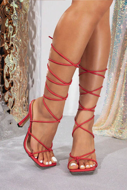 Tie Leg Design Pyramid Heeled Strappy Sandals Fashion Summer Heeled Sandals