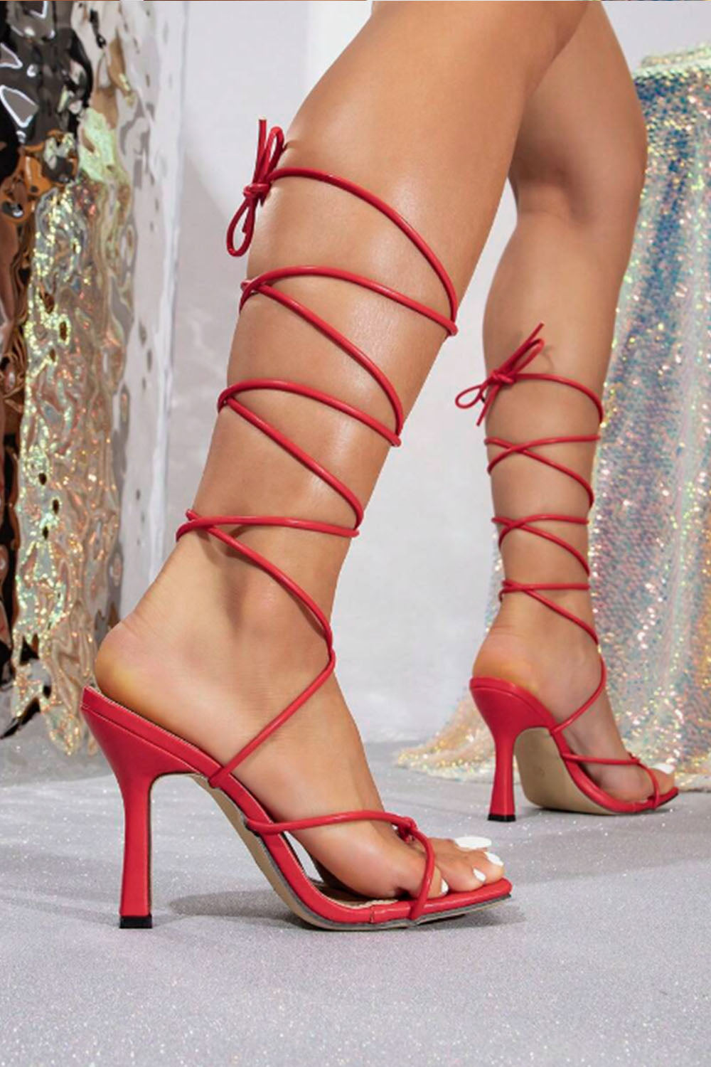 Tie Leg Design Pyramid Heeled Strappy Sandals Fashion Summer Heeled Sandals