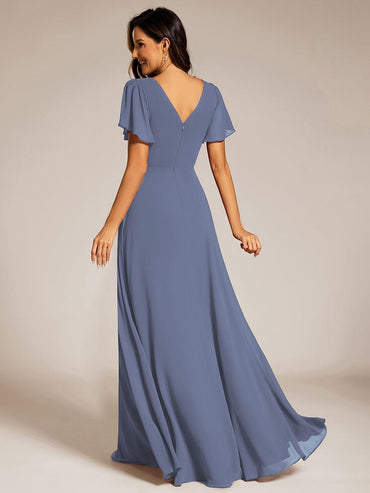 Torry V neck A - line chiffon dress with sleeves - Bay Bridal and Ball Gowns