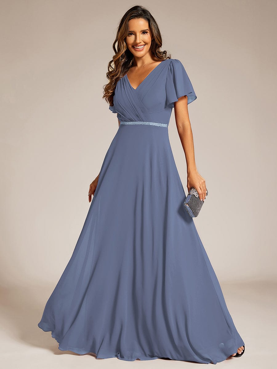 Torry V neck A - line chiffon dress with sleeves - Bay Bridal and Ball Gowns