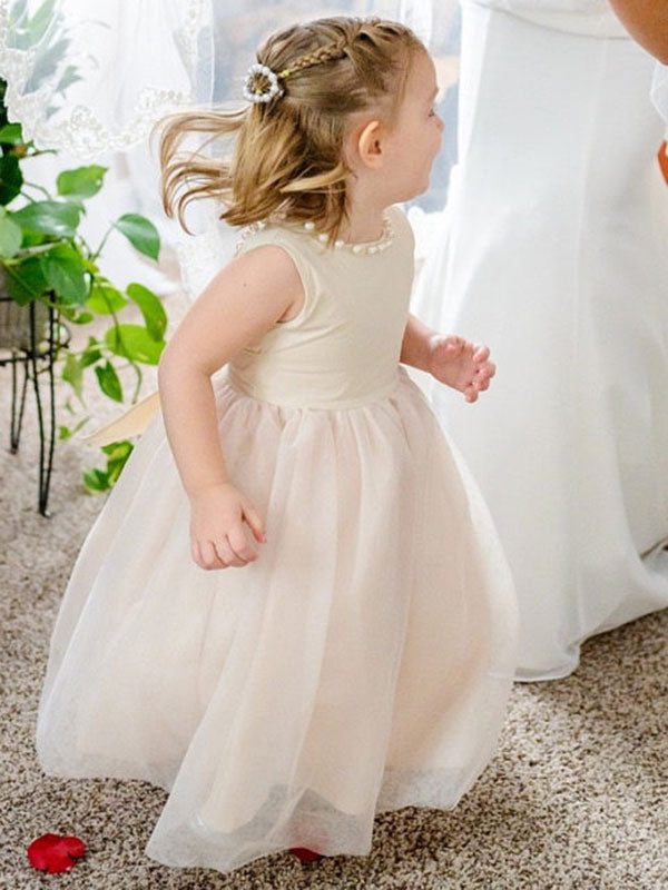 Tulle Champagne Jewel Neck Sleeveless Short Princess Party Dress Kids Sash Pageant Dresses-showprettydress