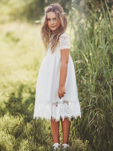 Tulle Jewel Neck Short Sleeves Short A-line Kids Party Dresses-showprettydress