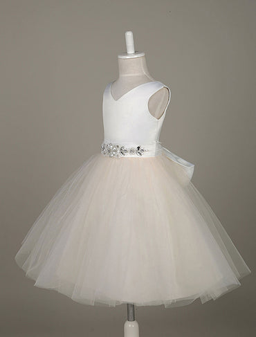 Tulle Satin V Neck Tutu Dress Ivory Beading Waist Sleeveless A-line Dinner Dress With Sash-showprettydress