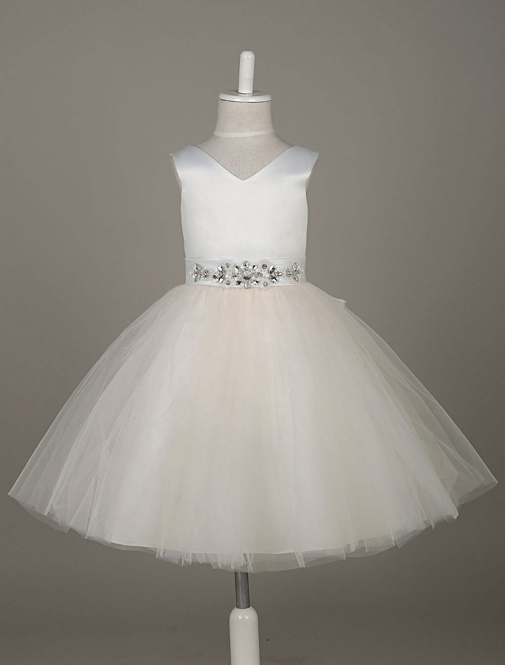 Tulle Satin V Neck Tutu Dress Ivory Beading Waist Sleeveless A-line Dinner Dress With Sash-showprettydress