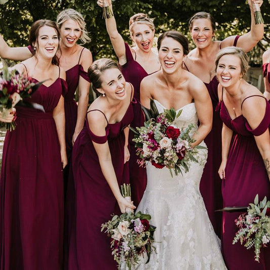 Cheap Chiffon Burgundy Bridesmaid Dresses Off Shoulder Dress